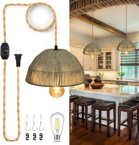 Pendelleuchte Kit mit Stecker Vintage Plug in Hängelampe E27 Hanfseil Küche Pendellampe mit 4,5M Seil Kabel Schalter Industrie Metall Käfig Hängeleuchte Boho Lampe Küchenlampe Esszimmerlampe Flurlampe