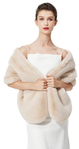 BEAUTELICATE Faux Fur Wrap Shawl Stole Women’s Large Shrug Cape for Winter Wedding Evening Brides Bridesmaids 1920s Fancy Dress Costume(One size, Upgraded - Champagne)