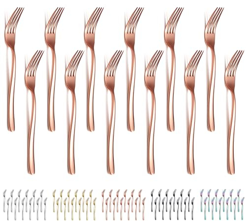 Evanda Rose Gold Dinner Forks Set of 12 Pieces, 17.8cm Titanium Copper Plating Stainless Steel Table Forks Cutlery Set for Home, Restaurant, Hotel, Dishwasher Safe