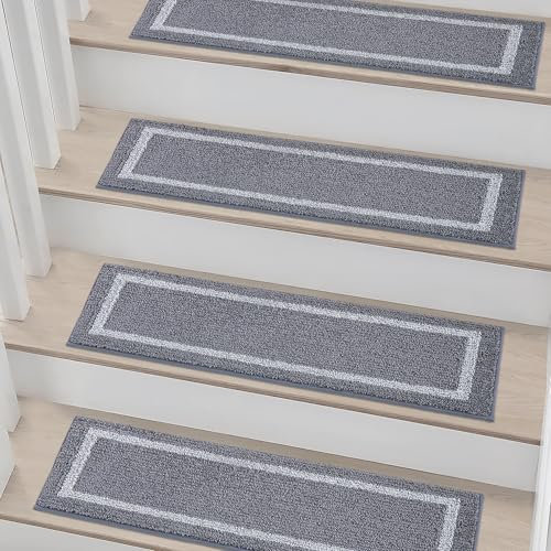 COSY HOMEER Carpet Stair Treads 15pcs Set, Non-Slip Indoor Carpet Treads for Stairs for Kids Elders and Dogs, 100% Polyester Quick Peel Self-adhesive Stair Runner Rug Pads, 22 x 70cm, Grey