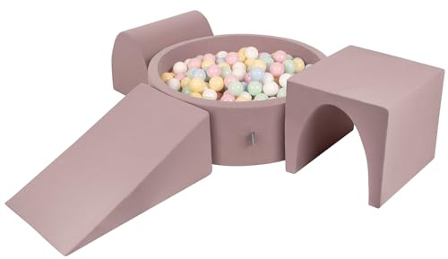 KiddyMoon Lekplats i skum med runt bollhav (200 bollar), för bebisar, lekhav, hinderbana, tillverkad i EU, ljungfärger: pastellblå/pastellgul/vit/mint/puderrosa