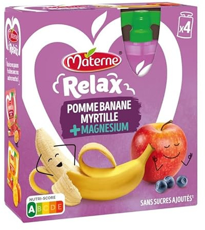 MATERNE Compote Gourde Relax Vitalité Pomme Banane Myrtille & Magnésium - Pack 4x90g - 360g | Antioxydants & Énergie Fruitée - Le Lot De 4