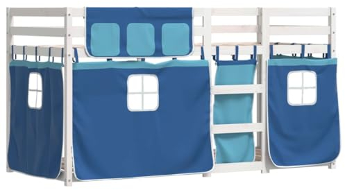 vidaXL Etagenbett, Kinderbett mit Vorhängen Leiter, Hochbett Spielbett für Kinder ab 6 Jahren, Doppel Stockbett Bett, Blau 75x190cm Massivholz Kiefer