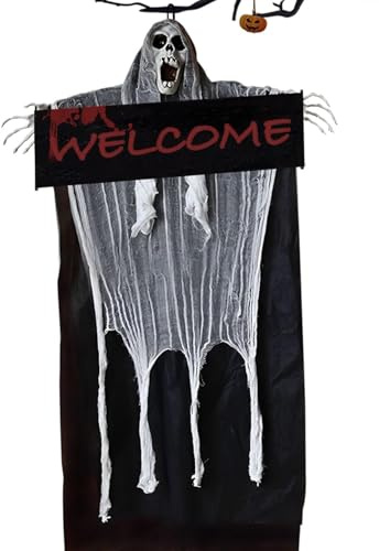 PAPU 150 cm Halloween Deko Hängende Geister mit Welcome Schild,Horror Sensenmann Dekorationen Ghost zum Aufhängen Halloween Deko Gruselig Geist für Spukhaus-Requisiten,Garten Outdoor,Hof Rasen