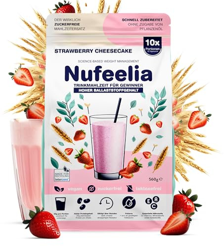 Nufeelia Trinkmahlzeit Strawberry Cheesecake – Wissenschaftlich basierter Diät Shake – Vegan, Zuckerfrei, Laktosefrei – Hoher Ballaststoff- & Protein-Gehalt – 10 Portionen – Sättigt Stundenlang – 560g
