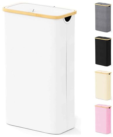 SpaceAid Slim Laundry Hamper with Lid, 65L Narrow Clothes Basket Bin with Bamboo Handles, Skinny Tall Collapsible Hamper for Bedroom, Bathroom, Dorm, Laundry Room - White