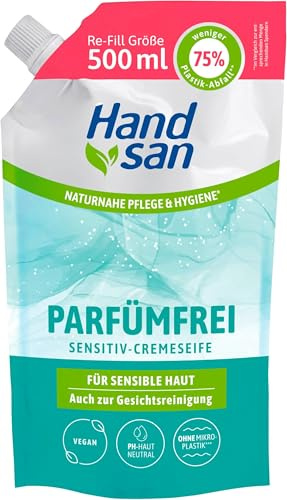 Hand san Cremeseife parfümfrei Nachfüllbeutel 500ml, parfüm-, seifen und farbstofffrei, Händewaschen & Gesichtsreinigung, Rezeptur ohne Mikroplastik, pH-hautneutral, VEGAN (Packung mit 5)