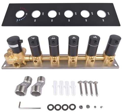 Getanye 5 Way Shower Diverter Valve, 5 Function Thermostatic Mixer Brass Valve, Individual On Off Flow Control (Black)