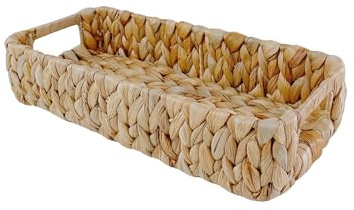 Pixoframe Rectangular Handwoven Wicker Basket - Water Hyacinth Storage Baskets with 2 Thickened Built-In Handles for Store Toilet Papers, Small Plants, Candles etc - 14.25”x6.5”x3” - Natural