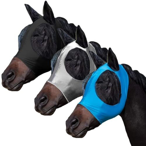 FOXLVDA 3 Pcs Horse Fly Mask - Fly Masks for Horses with Ears, Fashionable and Breathable Stretch Fabric with UV & Sun Protection for Average Size Horses (Blue-Black-Gray)