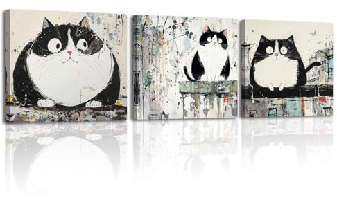 Piy Painting Leinwand Wandbilder, Tier Leinwanddruck, Schwarz-Weißes Kätzchen Leinwand Gemälde, Kunstposter Für Für Schlafzimmer Wohnzimmer Eingang Flur Cafe, Set Von 3, 30x30 cm (90X30 CM)
