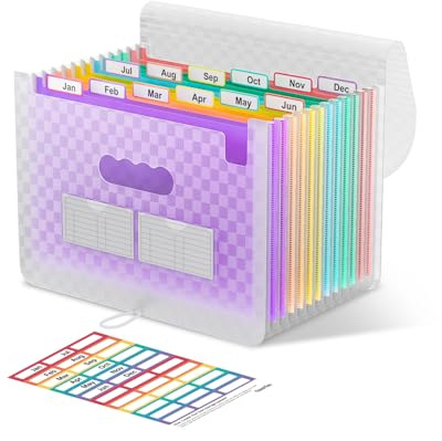 ThinkTex A4 dragspelsmapp sorterare mapp, 12 fickor expanderbar filorganisatör, bärbar dokumentsorterare, för kontor, skola, familj - lila