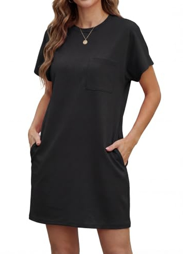 GRECERELLE Sommerkleid Damen Kurzarm Strandkleid Elegant Rundhals Lässige Freizeitkleid Frauen Kleider mit Taschen Einfarbig Summer Dressed Tshirt Leicht und Luftig Freizeitkleider (Schwarz, M)