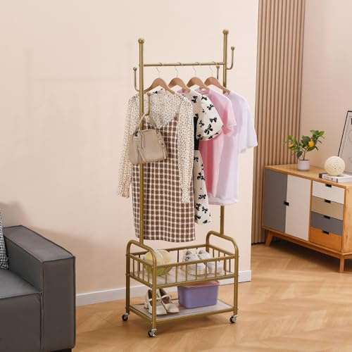 KAIHAOWIN Kleiderständer mit Rollen, Metall Garderobenständer Rollbar, Mobiler Kleiderständer mit 2-Etagen-Storage, Kleiderstange Für Schlafzimmer, Wohnzimmer, Gold