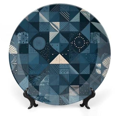 Rkklvbns Assiettes décoratives bleues à motif géométrique de 20,3 cm - Assiettes décoratives en porcelaine anglaise avec présentoir - Assiettes à dessert pour la maison et le bureau - Décoration