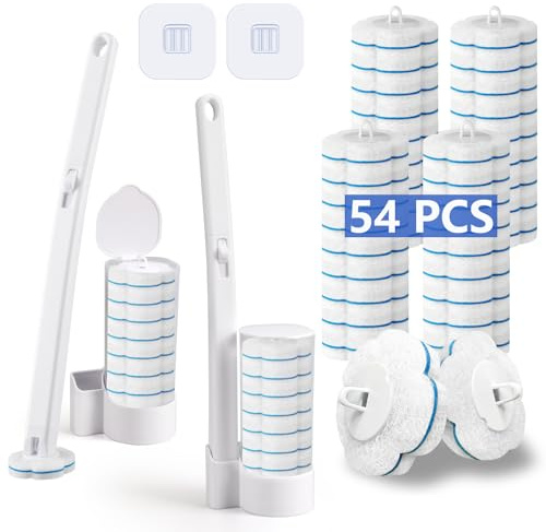 Ucaimao Cepillo de Inodoro Desechable, 2 Juegos de Mango Alargado y Soporte, con 54 Rellenos de Detergente, Adecuado para Limpiador de Inodoro, Limpieza de Baño, Fregadero, Bañera, Suelo - Blanco