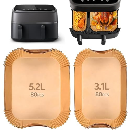 160 Pièces Papier Cuisson Air Fryer pour Moulinex EZ901820/Philips Airfryer Dual Basket 3000/5000,Food-Grade BPA Gratuit,Jetable Antiadhésive Sans Huile Papier Sulfurisé Air Fryer pour 3.1L-5.2L