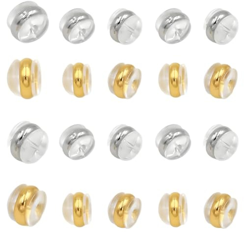 JYNXOR 20 pcs Cierres de pendientes seguros, repuesto de silicona hipoalergénico, silicona para pendientes de tuerca, tapón posterior de seguridad cierre seguro para aretes caídos pesados(Plata+oro)