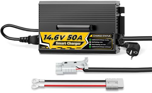 14,6V 50A Litio Cargador de Batería para 12V (12,8V) LiFePO4 Baterías, Diseño Compacto y Duradero con Protección Completa