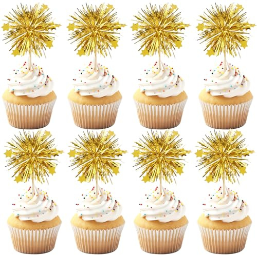 Cupcake Deko,Cupcake Topper – 30 Stück Glitzernde Folie-Feuerwerk Mit Sternen, Als Lametta-Zahnstocher Für Kuchen, Obst Und Getränke, Für Geburtstag, Hochzeit,Weihnachten