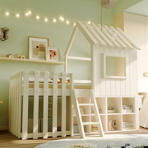 Mrwoo Kinderbett 90x200 cm, Einzelbett mit Dach und Fenster, Stauraumbett mit Offenem Stauraum, Rausfallschutz Geländer, für Geeignet Kinder und Jugendliche (Ohne Matratze) (Weiß)