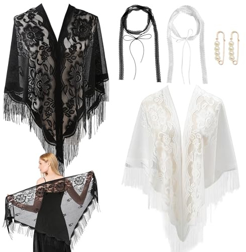 YiiHHooN Estola Triangular de Encaje para Mujer, 2 Colores Estola Festiva para Vestido de Noche con 2 Chokers de Encaje y 2 Broches, Chal Capa Bufanda de Chiffón para Boda y Fiesta