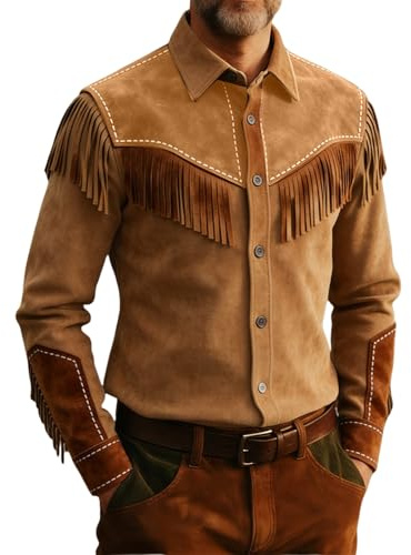 Costume de cowboy pour homme - Chemise à franges western à manches longues vintage - Chemise western en daim - Veste à franges - Chemise à manches longues - Boutonnière - Chemise de travail - Veste