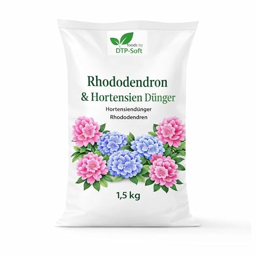 DTP-SOFT Rhododendron Dünger 1,5kg/1500g - Hortensien Dünger für üppige Blüten und kräftige Wurzeln - Spezialdünger für Rhododendren, Hortensien, Azaleen, Heidelbeeren und Moorbeetpflanzen - für Garte