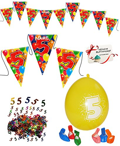 alles-meine.de GmbH Deko Set Zahl - 5 / FÜNF - Girlande/Wimpelkette & Luftballons & Streumotive - incl. Name - Dekoration - WASSERFEST - z.B. für Firmenfeier/Jubiläum -..