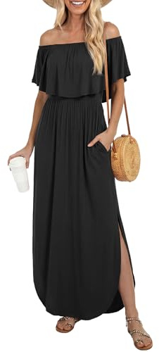 LILBETTER Womens Off The Shoulder Ruffle Party Dresses Side Split Beach Maxi Dress (01Black,Medium)