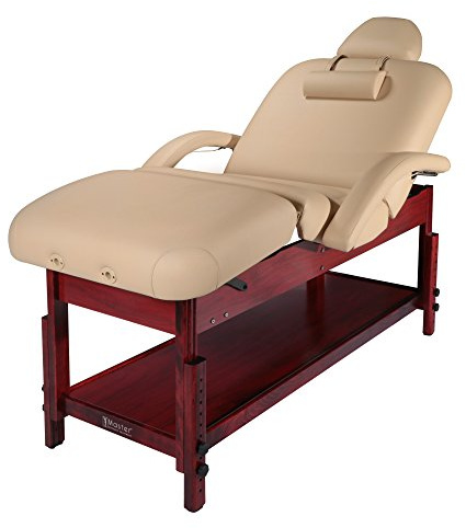 Master Massage 76 cm Claudia stationärt massagebord spa soffa salong bord skönhetssäng med pneumatiskt lutande ryggstöd och benstöd, MC-kräm med mahognyben