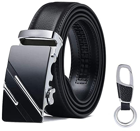 flintronic Herren Gürtel,Hochwertiges Leder material Ratsche Automatik Gürtel für Männer Ledergürtel Breite 3.5cm Länge 127CM-Schwarz (inkl Schlüsselbund & Geschenkbox)
