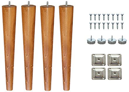 10’’ Wooden Round Cone Tapered Furniture Replacement Legs Sand Oak M8 Thread Level Mounting Plates Protective Felt Pads Set of 4 Legs for Sofa Cabinet Footstool Chair Bed Ottoman 25 CM