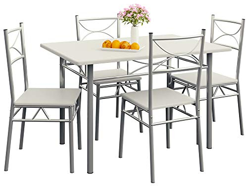 Casaria® Esstisch mit 4 Stühlen Holz 5-TLG Set Metall 110x70cm Industrial Esszimmer Küche Stühle Tisch Möbel Essgruppe Sitzgruppe Paul Weiß