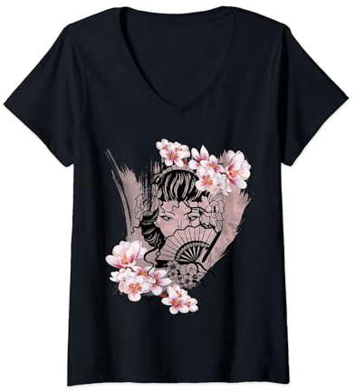 Geisha giapponese con fiori di ciliegio Giappone Lovers regalo Kawaii Maglietta con Collo a V
