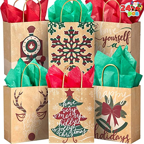 JOYIN 24 Stück Weihnachts Krafttüten Geschenktüten (Inklusive Geschenkpapier) Geschenkpapieraus Kraftpapier mit Weihnachtsmotiven für Weihnachtspartygeschenke
