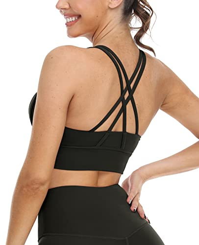 icyzone Dam sport-BH starkt grepp vadderad träning yoga topp fitness gym bh, Svart – a, L