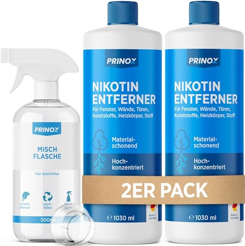 PRINOX 2x 1030ml Nikotinentferner Konzentrat inkl. Mischflasche | Ruß & Nikotin Reiniger für Fensterrahmen, Wände, Türen, Heizkörper, Kunststoff, Fliesen | Starker Fettlöser für Haushalt und Gastro