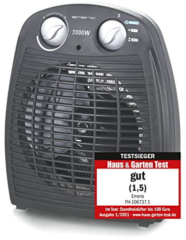 Emerio FH-106737.2, Note 1.5, kleiner kompakter portabler Heizlüfter für 20 m², 2 Heizleistungen + Ventilatorfunktion, verstellbarer Thermostat, Sicherheitsschalter, Handgriff, 2000 Watt, Anthrazit