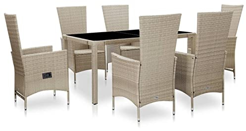 Susany 7-tlg.Garten-Essgruppe Esstischgruppe Esszimmergarnitur Gartengarnitur Mit 1 x Tisch,6 x Stuhl (2 davon sind verstellbar),6 x Sitzpolster,PE-Rattan+Glasplatte+pulverbeschichteter Stahlrahmen