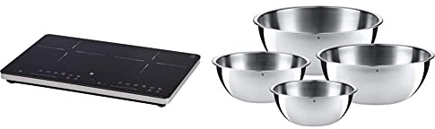 WMF Kult X Doppel- Induktionskochfeld, bis 28 cm & Gourmet Schüsselset 4-teilig, Edelstahl Schüsseln für die Küche 0,75l - 2,75l, Rührschüssel, Salatschüssel, Servierschüssel, Cromargan, stapelbar