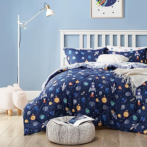 UMCHORD Kids Bedding Set for Boys, Twin Size 5 Pieces Space Themed Bed in a Bag, Super Soft Lightweight Microfiber Comforter Set with Sheets, Children Bed Set, Navy Blue, Twin