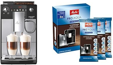 Melitta Latticia OT Bundle - Kaffeevollautomat mit Milchsystem, Kaffeemaschine mit Mahlwerk für z. B. Kaffee oder Cappuccino, silber/schwarz + Melitta Filterpatronen Pro Aqua (3 Patronen)