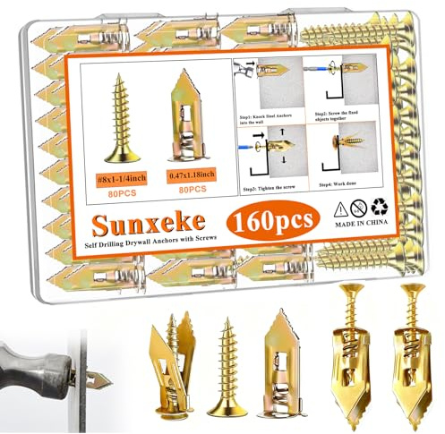 Sunxeke 160Pcs Self Drilling Drywall Anchors with Screws Kit,80 Sheetrock Anchors & 80 Zinc Expansion Screws,No Drill Needed Wall Anchors with Screws,Hold Up to 66lbs for Picture Frame,Shelves