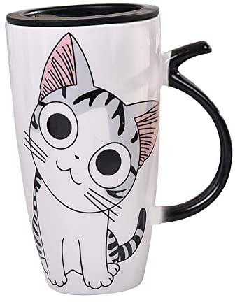 Fdit Large Ceramic Cute Cat Coffee Mug Tall Animal Mug with Lid Cat Print Coffee Tea Mug for Home Office School
