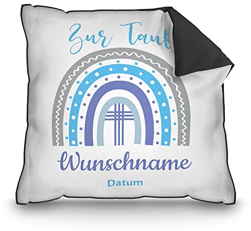 PR Print Royal Kissen zur Taufe mit Name & Datum - Regenbogen - Geschenke zur Taufe, personalisierte Taufgeschenke Patenkind | inkl. Kissenfüllung, Rückseite Schwarz, 40 x 40 cm