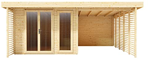 Woodtex Holz Gartenhaus Arvo | Wandstärke 28 mm | Naturbelassen | Mit 250 cm Anbau | BxTxH: 596 x 393,6 x 232,2 cm | Sockelmaß Haus: BxT: 300 x 300 cm | Inkl. Ganzglastür & 2 Fenster