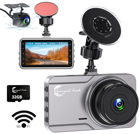 Diamond Lark Dash Cam 2K Front and 1080P Rear Built-in WiFi, Car Camera Dashcam with 32G Card, 3'' LCD Screen, 170°Wide Angle, Night Vision, WDR, 24H Parking Monitor, Loop Recording, G-Sensor