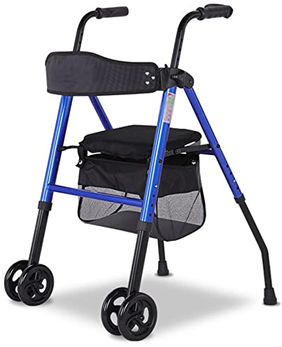 Andador de aluminio ligero con asiento y cesta – Ayuda de movilidad negra, andador plegable de 2 ruedas para mayor movilidad y comodidad