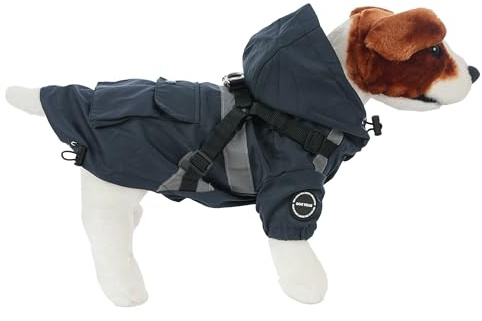 Regnjacka med sele och huva för små och medelstora hundar - vattentät husdjursjacka (marinblå, storlek 25 cm)